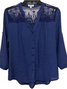 mine Navy Blue Lace Yoke Button-Front Blouse